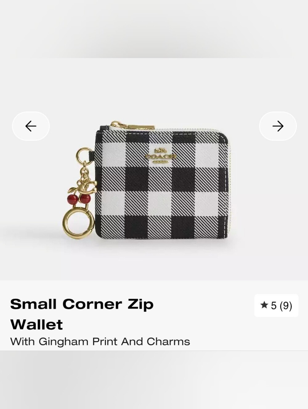 Coach Black & White Gingham Corner Zip Key Wallet with Charm